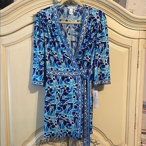 London Times Blue Geometric Faux Wrap Dress Skort